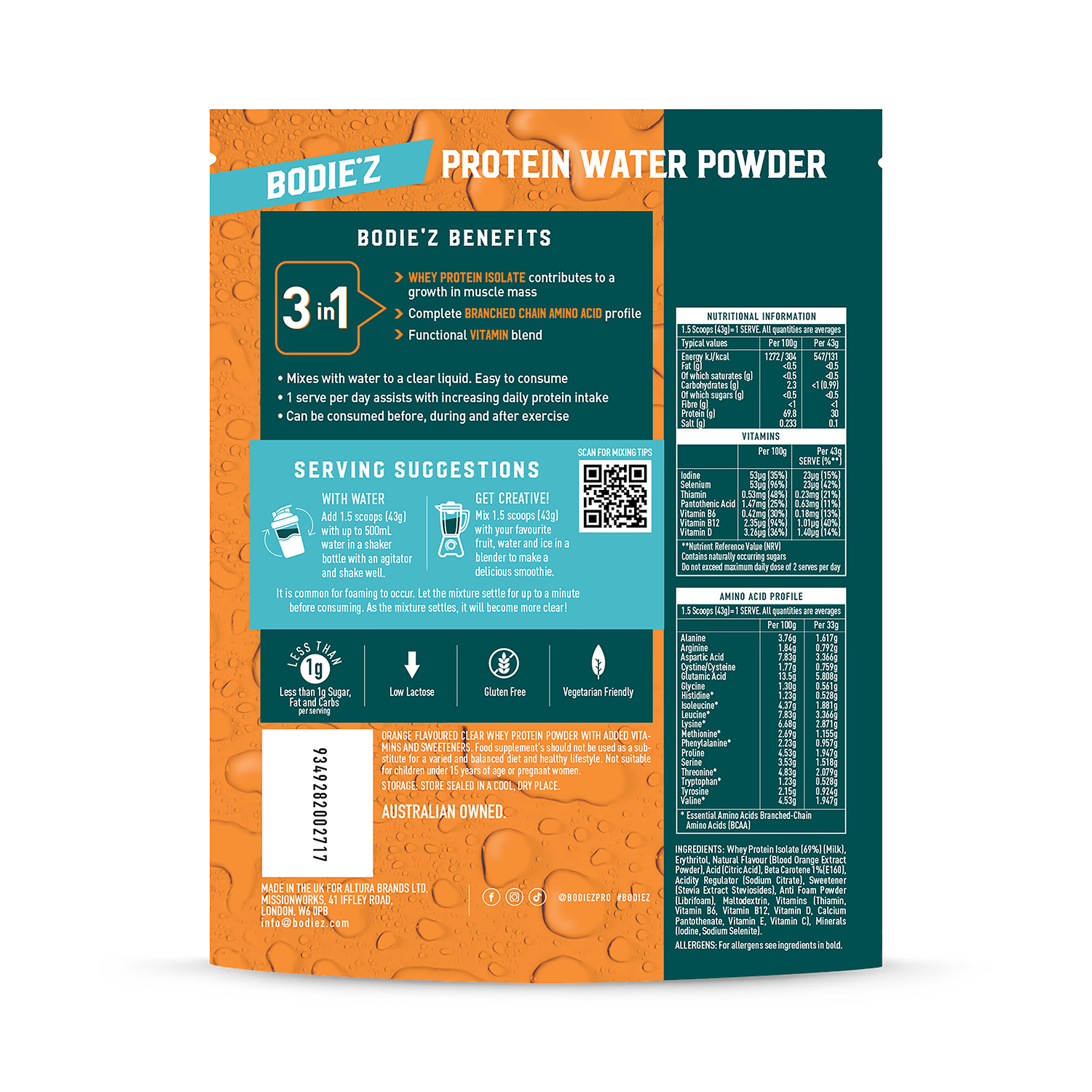 BODIE'Z protein water Orange 300g, imported from the UK
