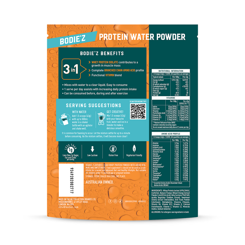 BODIE'Z protein water Orange 300g, imported from the UK
