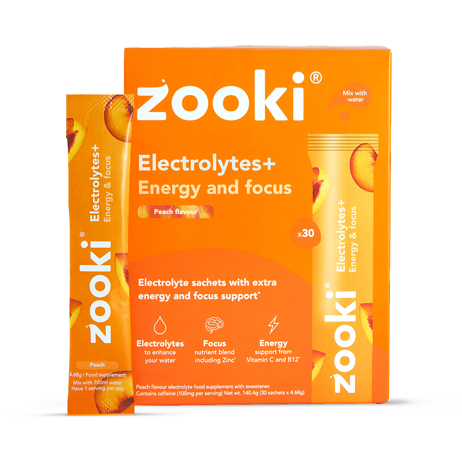 Zooki Electrolyte Drink Powder Peach 30 Sachets (British brand)