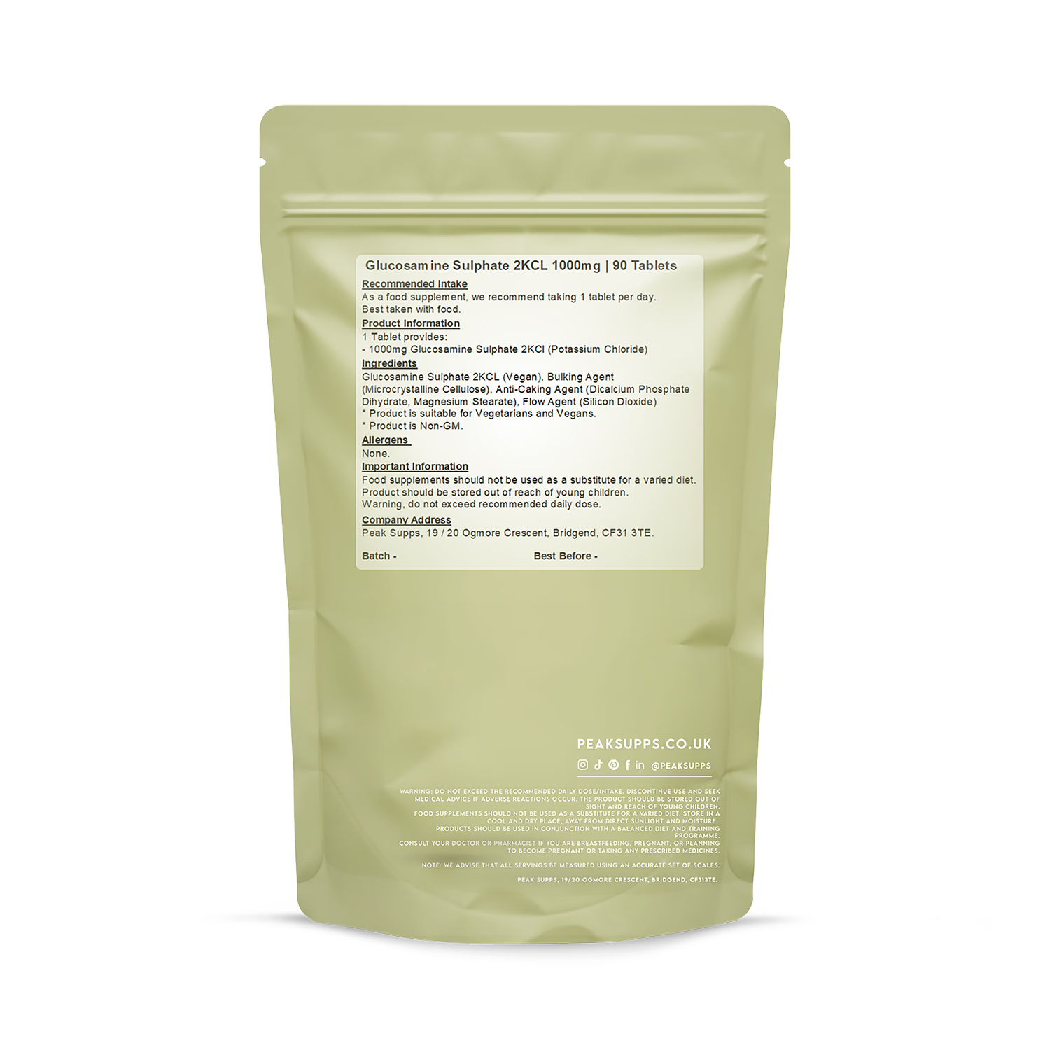Peak Supps Glucosamine Sulphate 1000mg tablets 90 count (British brand)