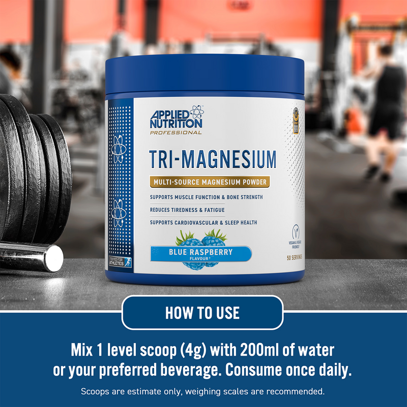 Applied Nutrition Tri-Magnesium Powder Blue Raspberry 200g, imported from the UK