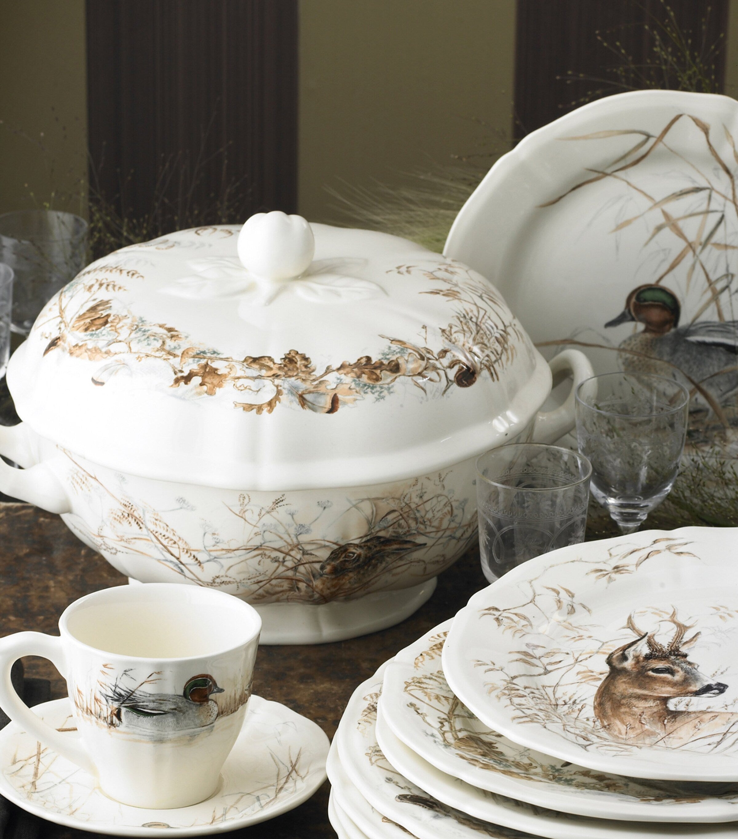 Gien teacup and saucer set with mallard duck graphic print, 175ml, set of 2, UK version
