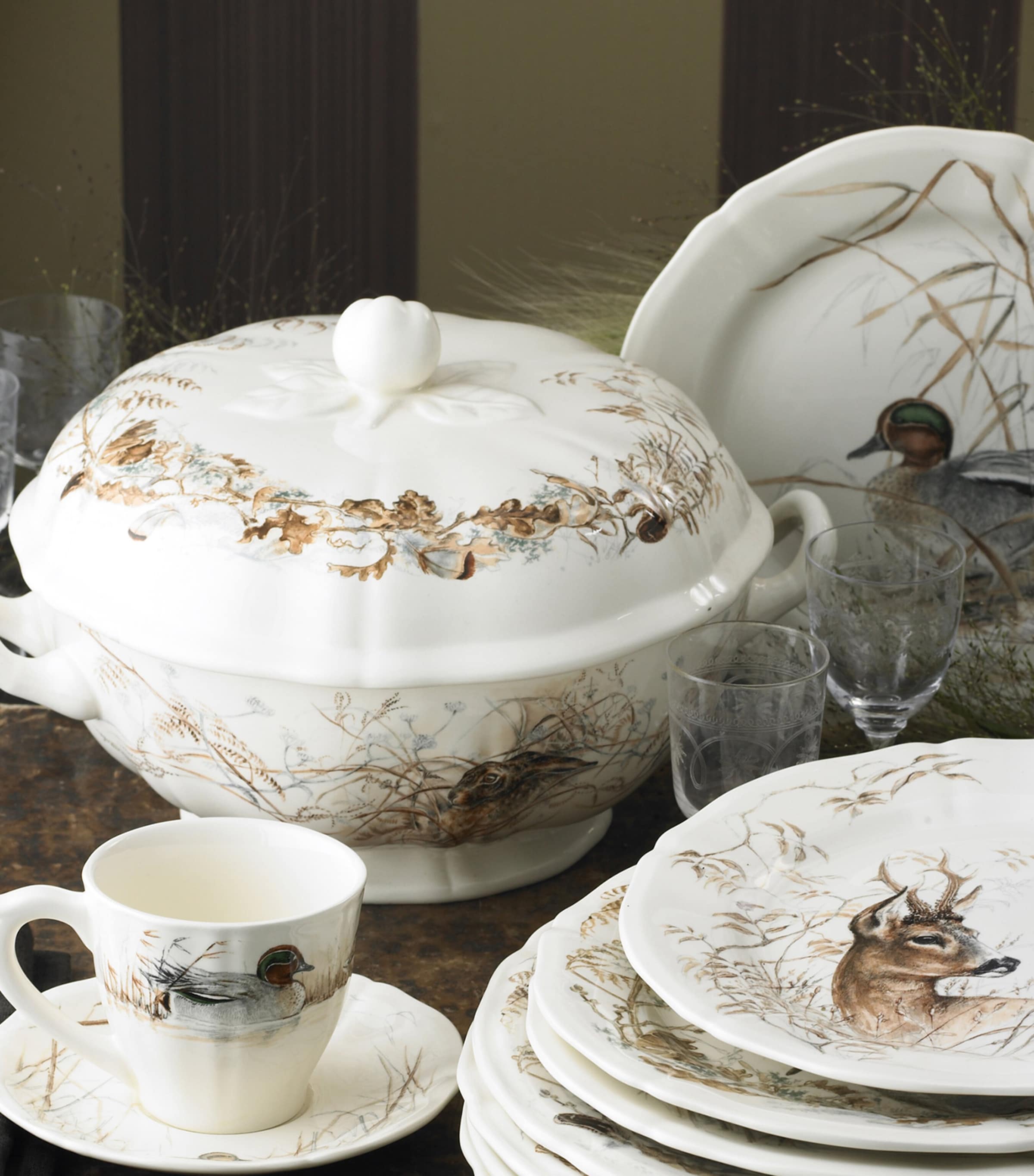 Gien teacup and saucer set with mallard duck graphic print, 175ml, set of 2, UK version