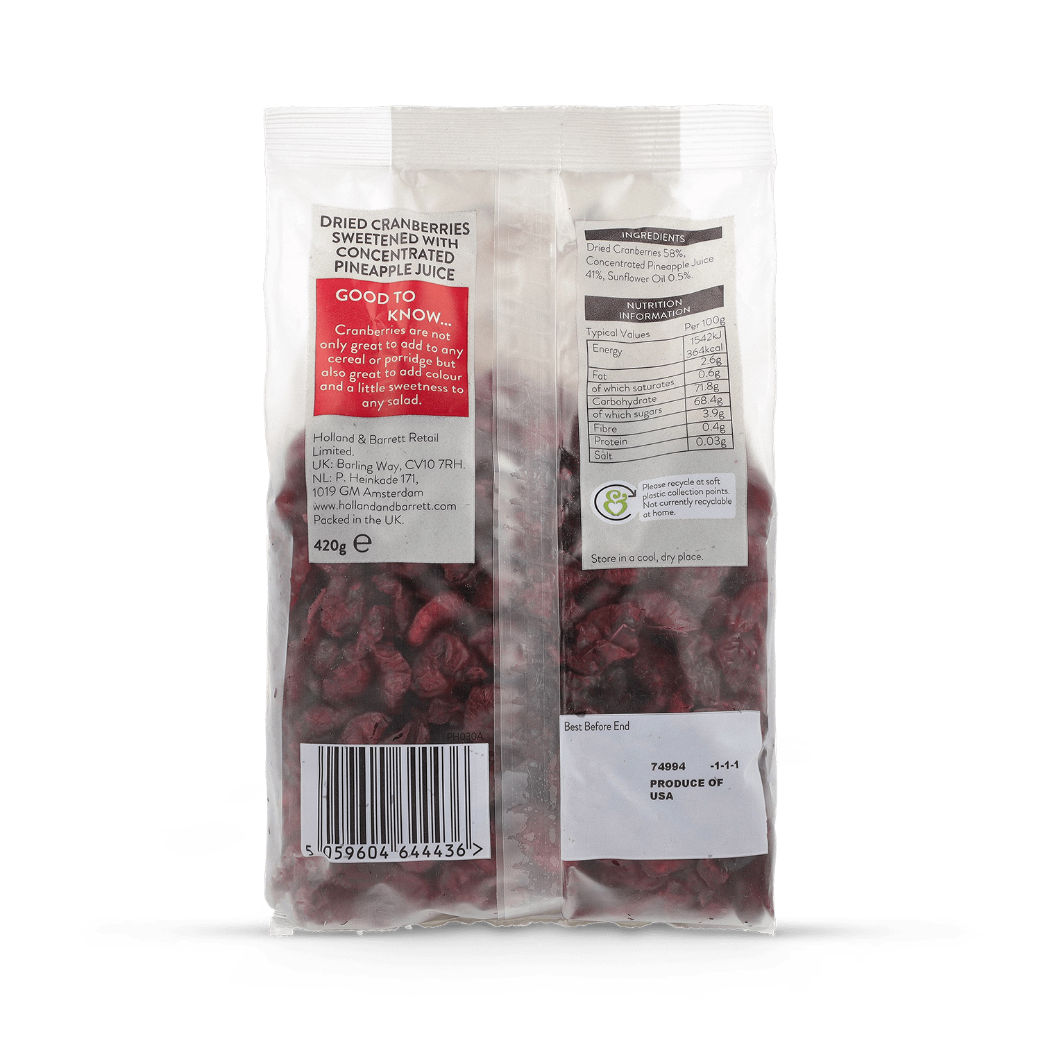 Holland & Barrett Juice Infused Cranberries 420g, UK version