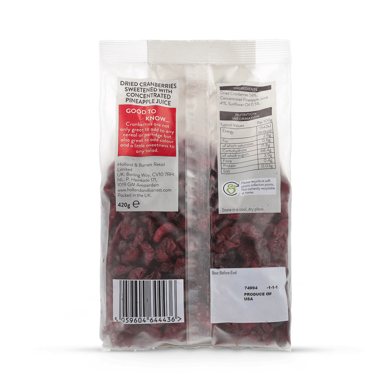 Holland & Barrett Juice Infused Cranberries 420g, UK version