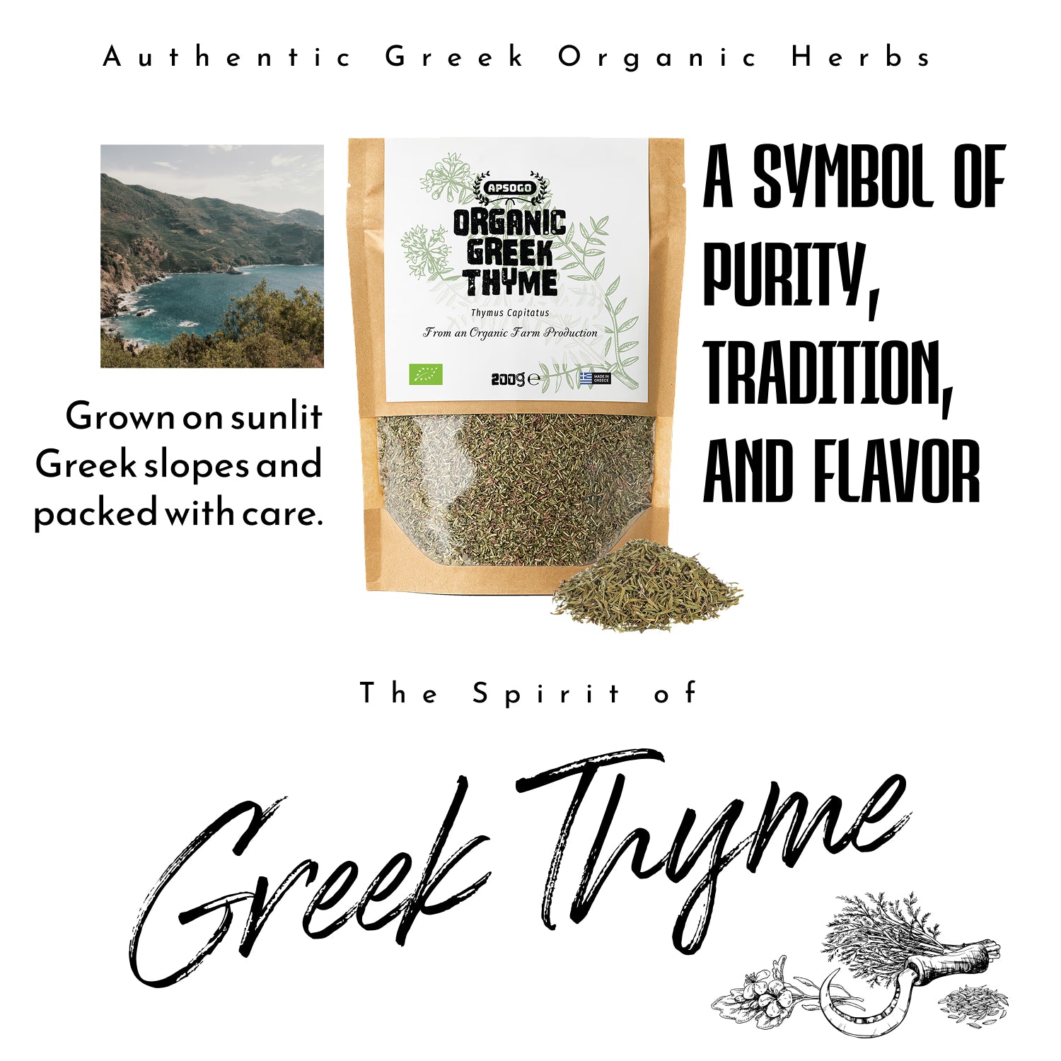 APSOGO organic dried thyme 200g (British brand)