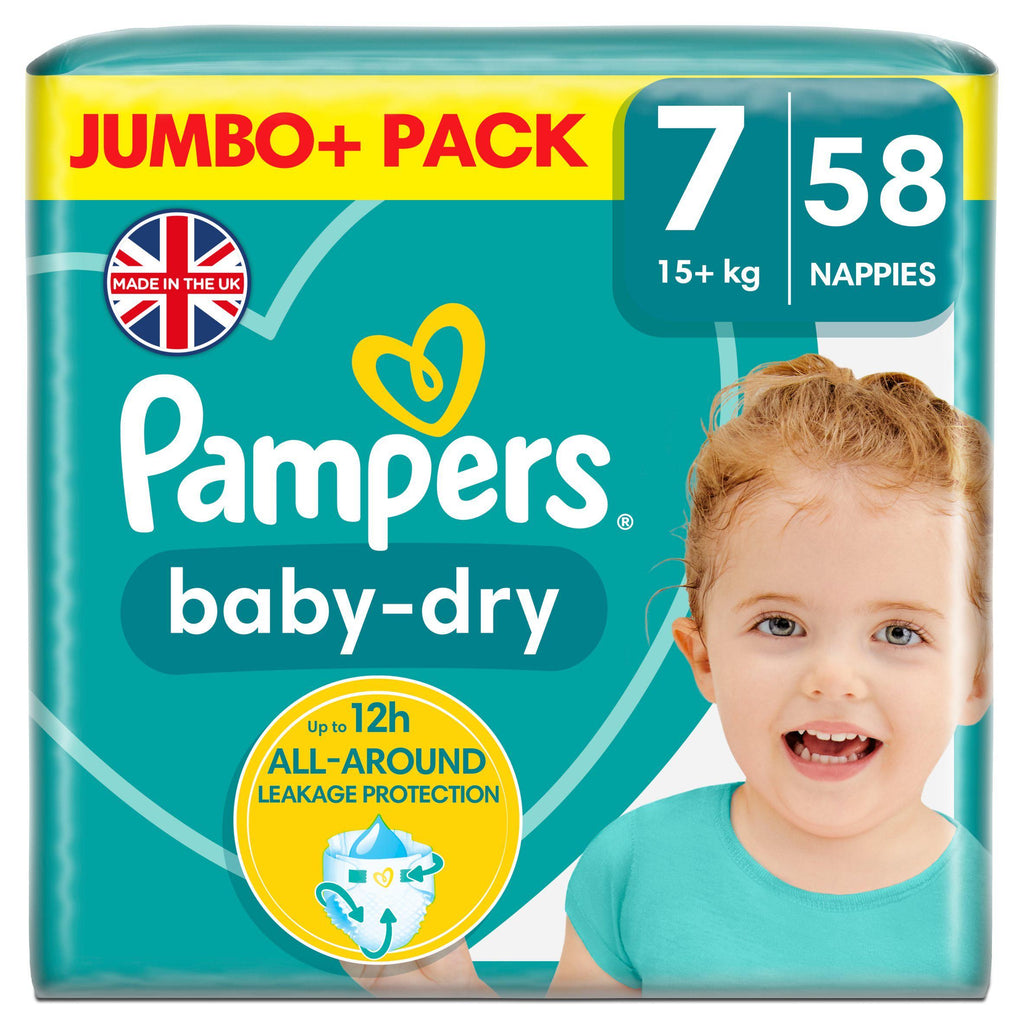 Pampers Baby-Dry Size 7, 58 Nappies, 15kg+, Jumbo+ Pack