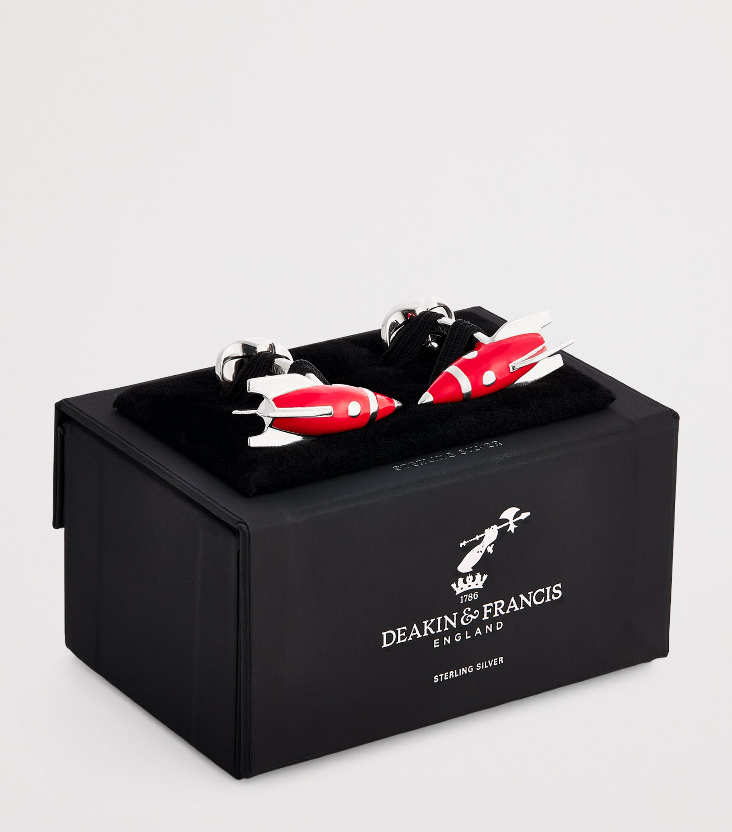 Deakin & Francis sterling silver enamel rocket cufflinks, imported from the UK
