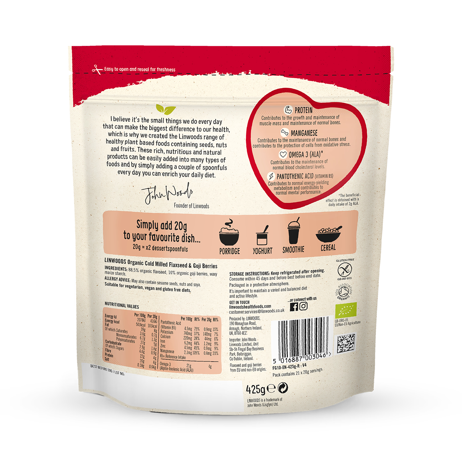 Linwoods milled flaxseed goji berries 425g, imported from the UK