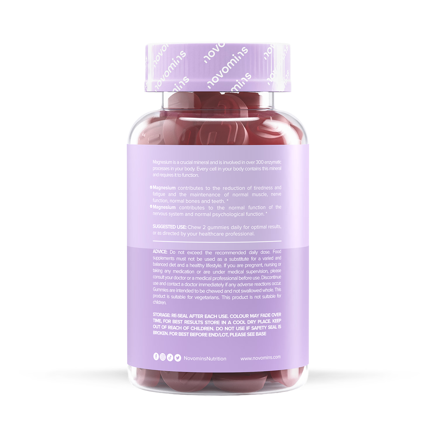 Novomins magnesium raspberry gummies 60 pack, imported from the UK