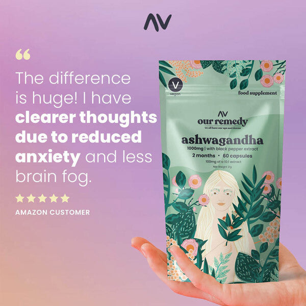 Our Remedy Ashwagandha 1000mg 60 capsules, imported from the UK