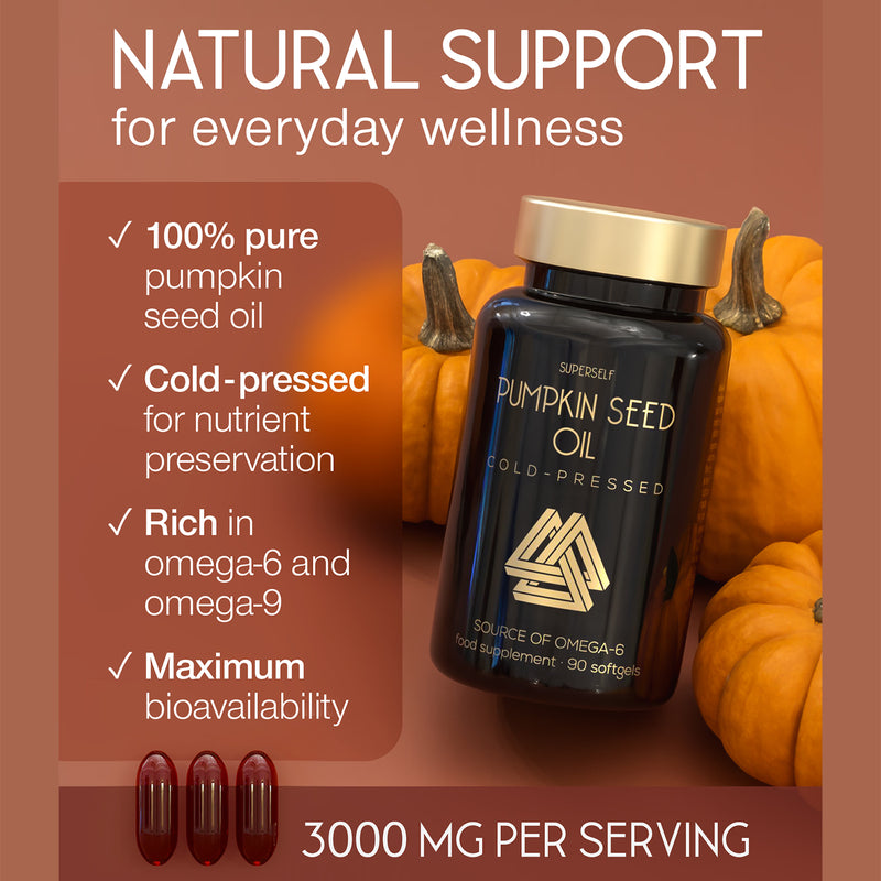 SuperSelf pumpkin seed oil supplement 3000mg 90 softgels, imported from the UK