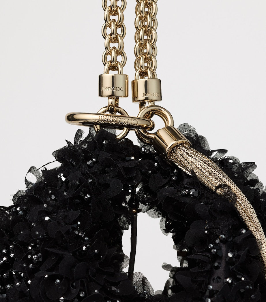 Jimmy Choo crystal-embellished satin clutch bag, imported from the UK