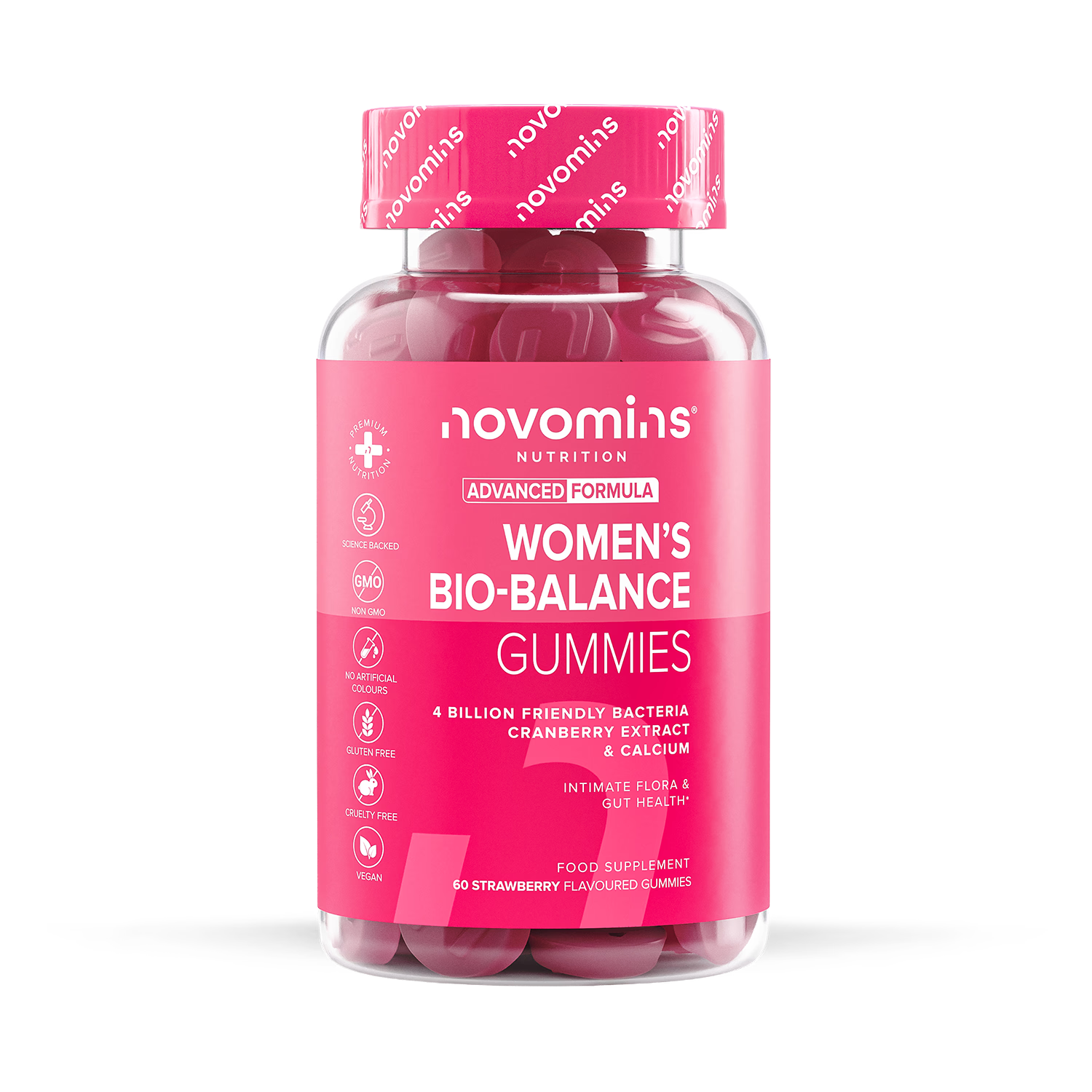 Novomins Women's Bio-Balance Strawberry Flavoured Probiotic Gummies 60 Gummies, imported from the UK