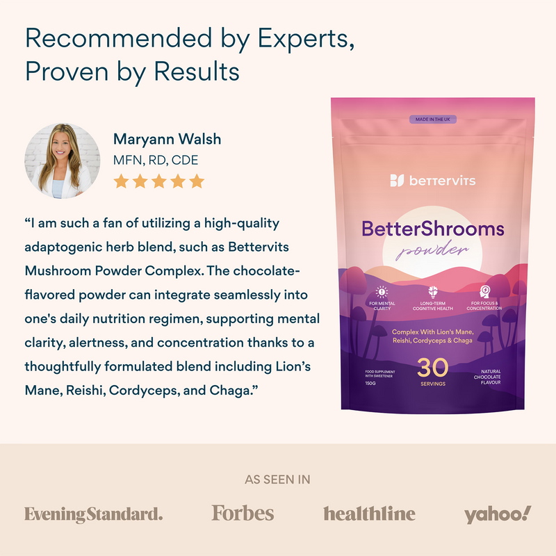 Bettervits Mushroom Complex Lion's Mane Reishi Cordyceps 30 servings, imported from the UK