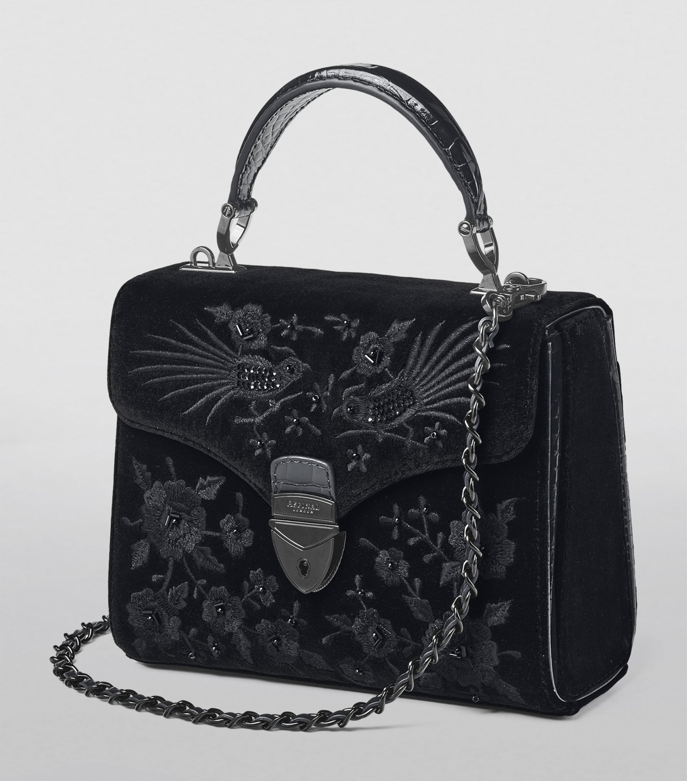 Aspinal of London Mayfair velvet embroidered top-handle bag (British brand)