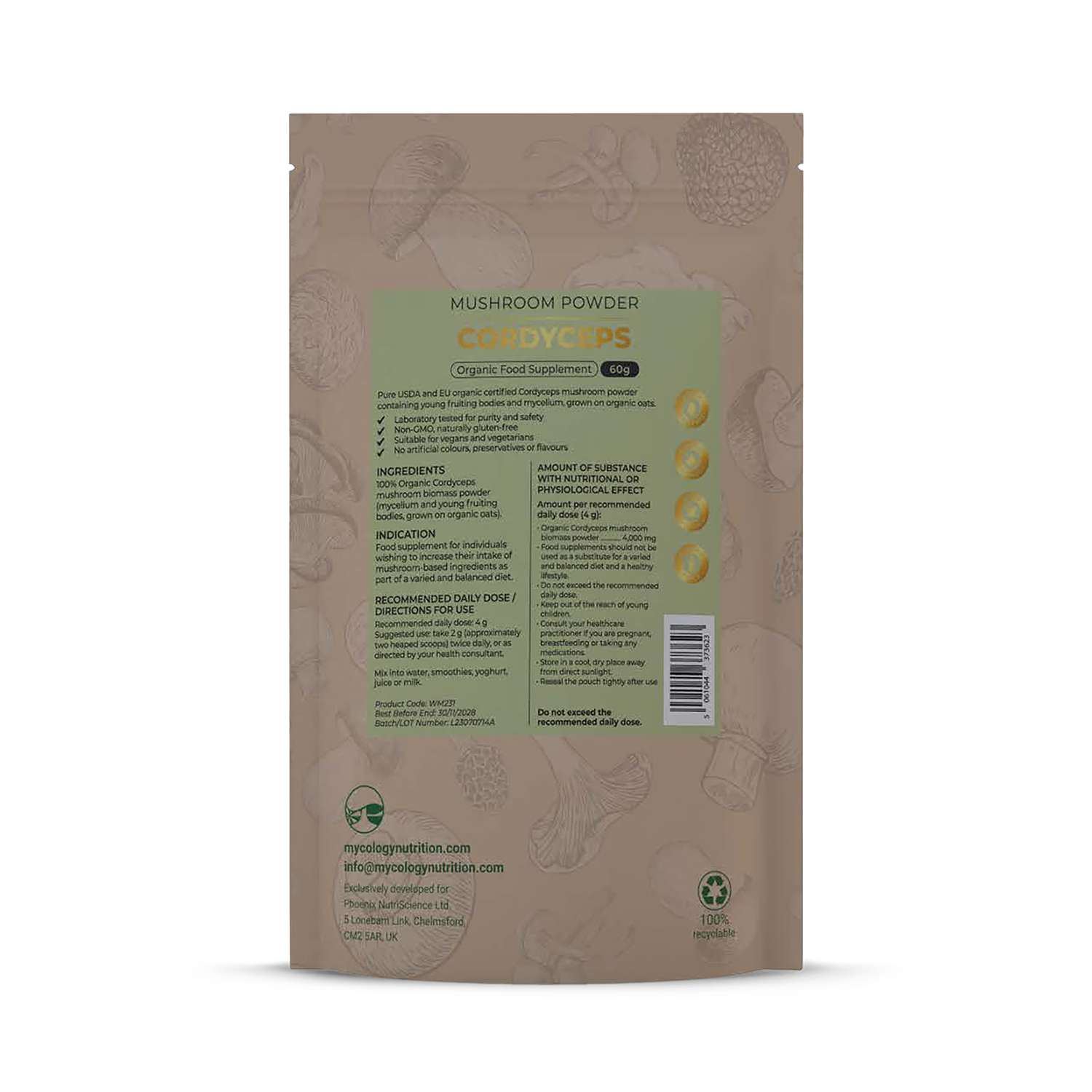 Mycology Nutrition Organic Cordyceps Powder 60g, imported from the UK