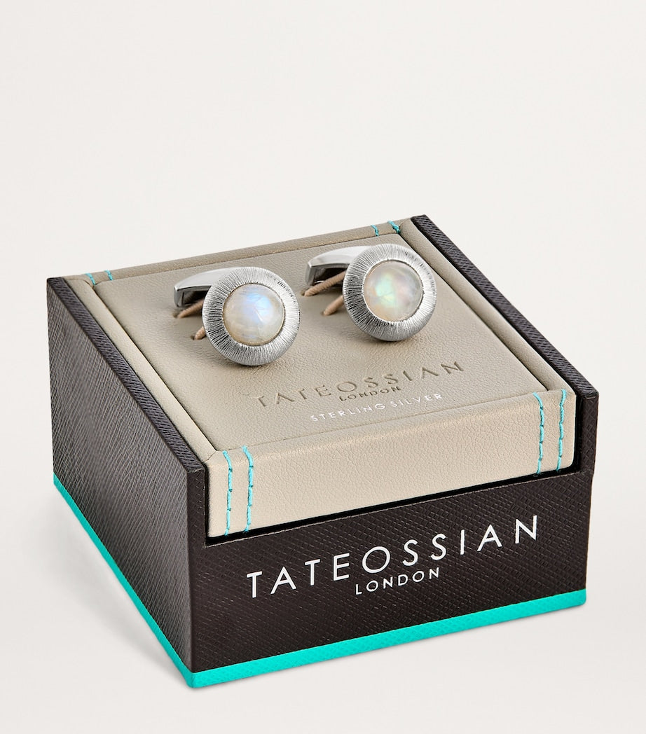 Tateossian rhodium-plated silver moonstone Graffiato cufflinks, imported from the UK