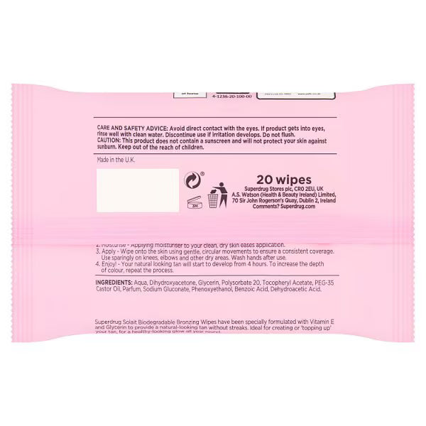 Solait self-tanning wipes 20 pack, imported from the UK