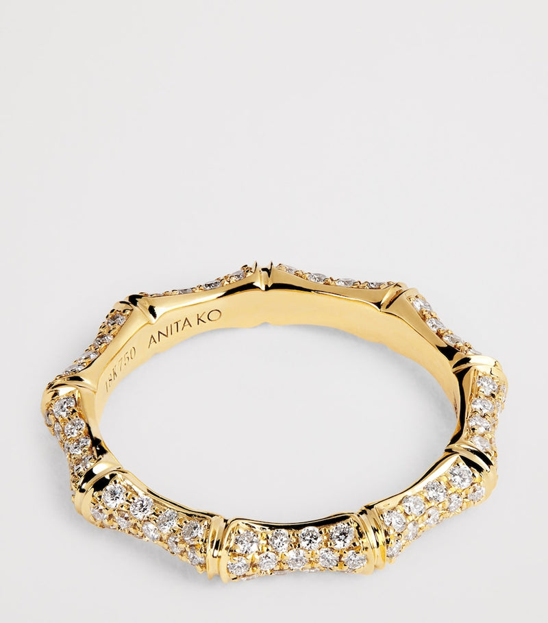 Anita Ko yellow gold pavé diamond bamboo ring, UK version