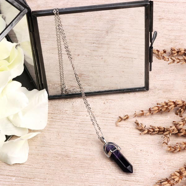 Myga silver plated necklace with purple agate pendant, imported from the UK