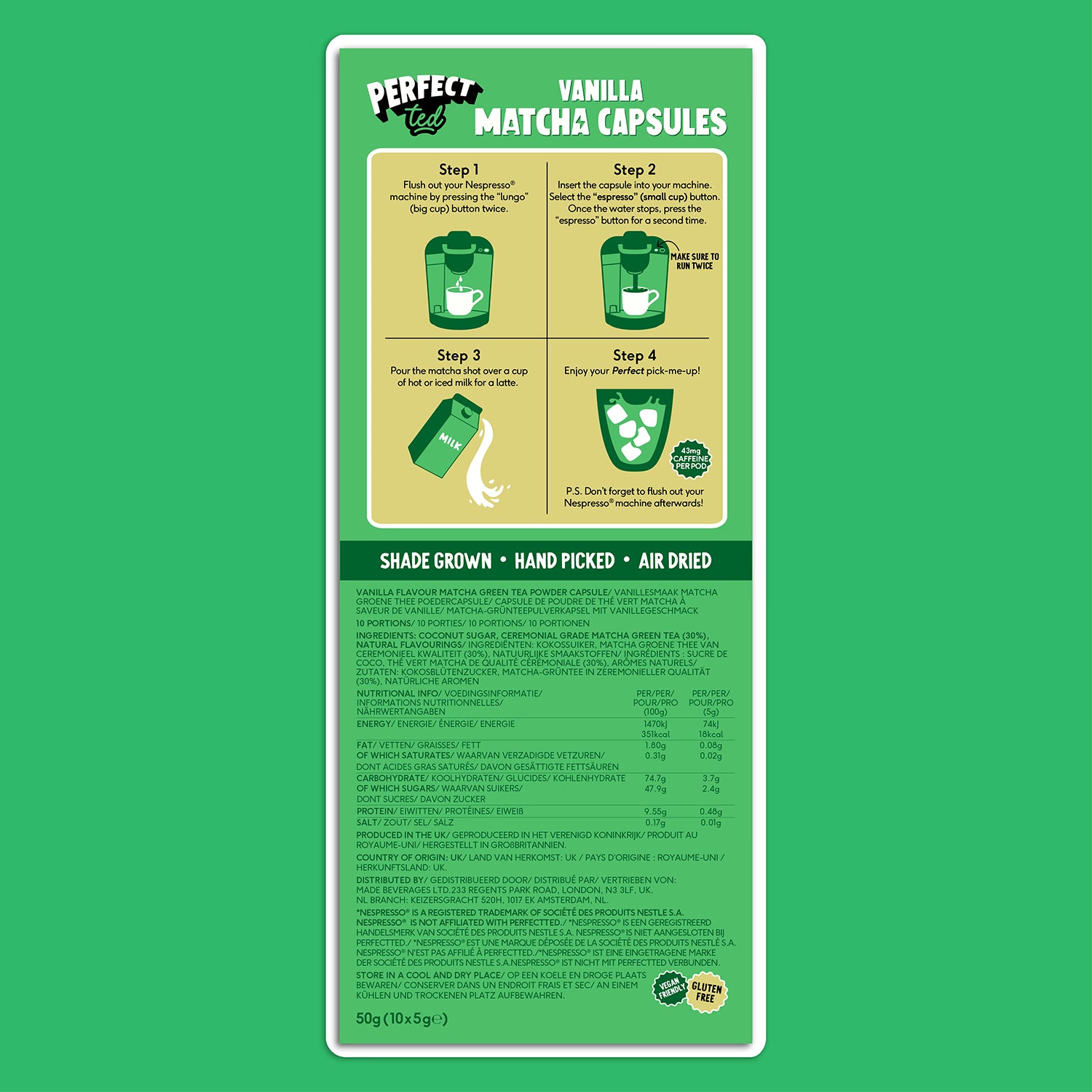 PerfectTed vanilla matcha green tea pods 10 pack, imported from the UK