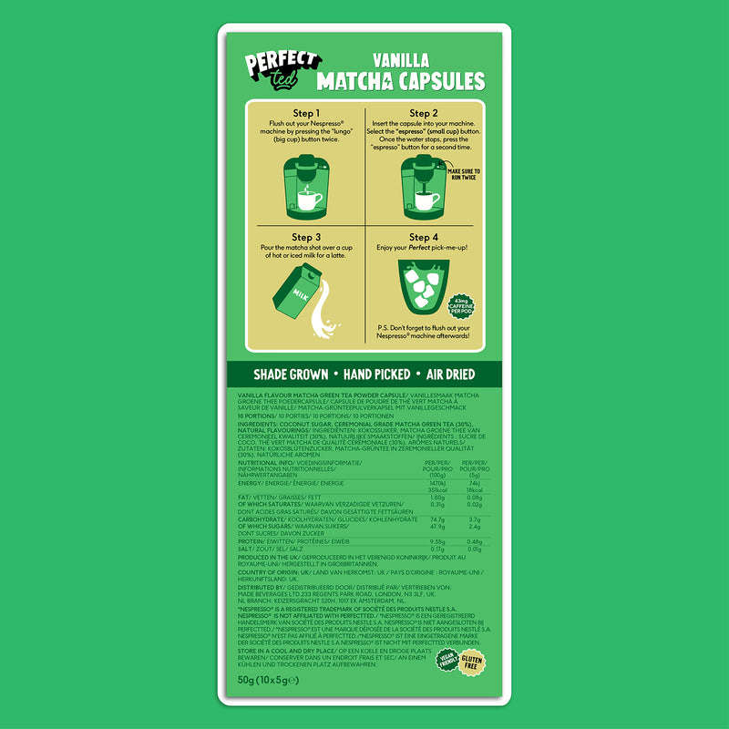 PerfectTed vanilla matcha green tea pods 10 pack, imported from the UK