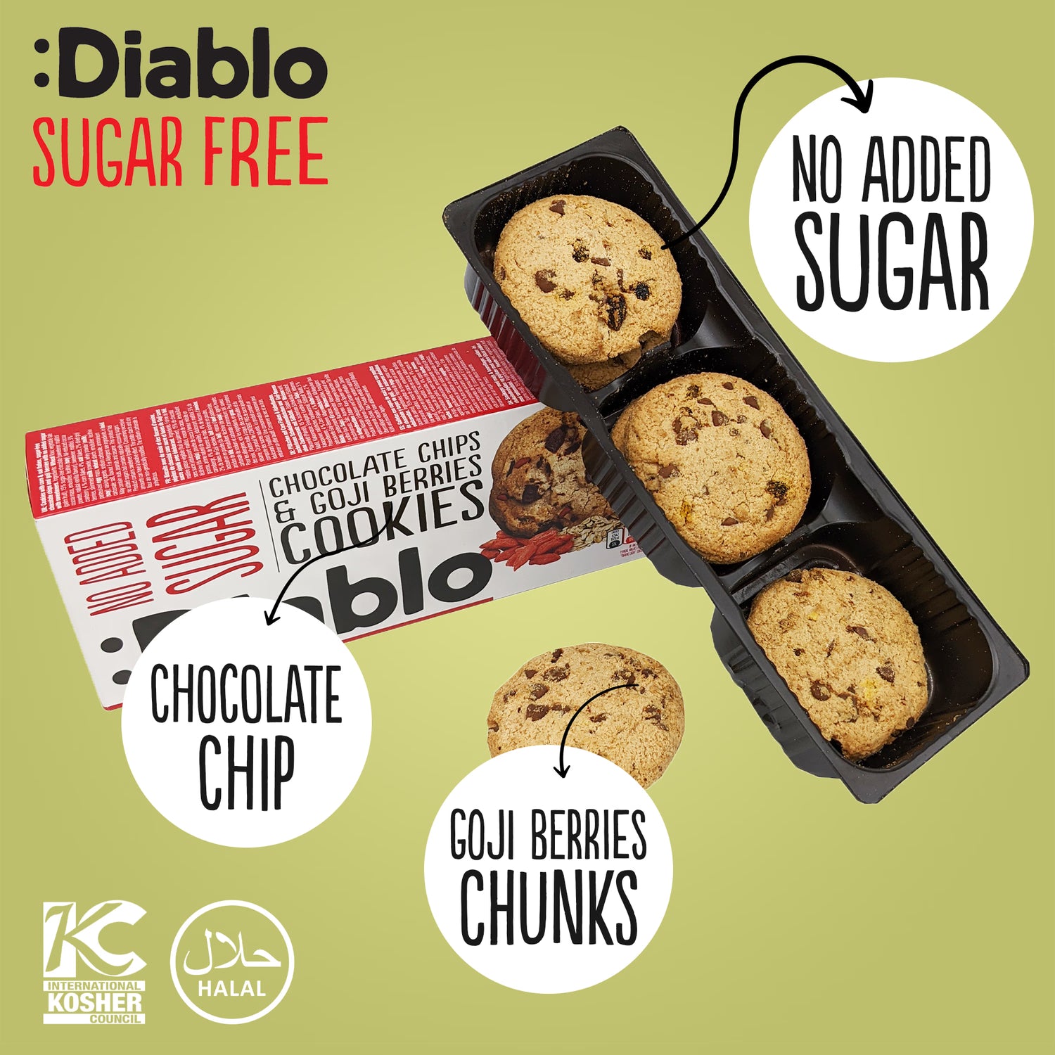 Diablo no added sugar cookies with chocolate chips and goji berries 135g, UK version