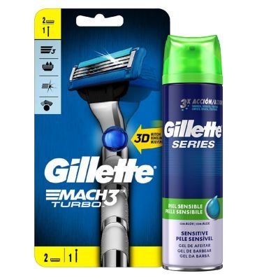 Gillette Mach3 Turbo 3D Razor & Sensitive Shaving Gel Bundle Men's Toiletries Boots   