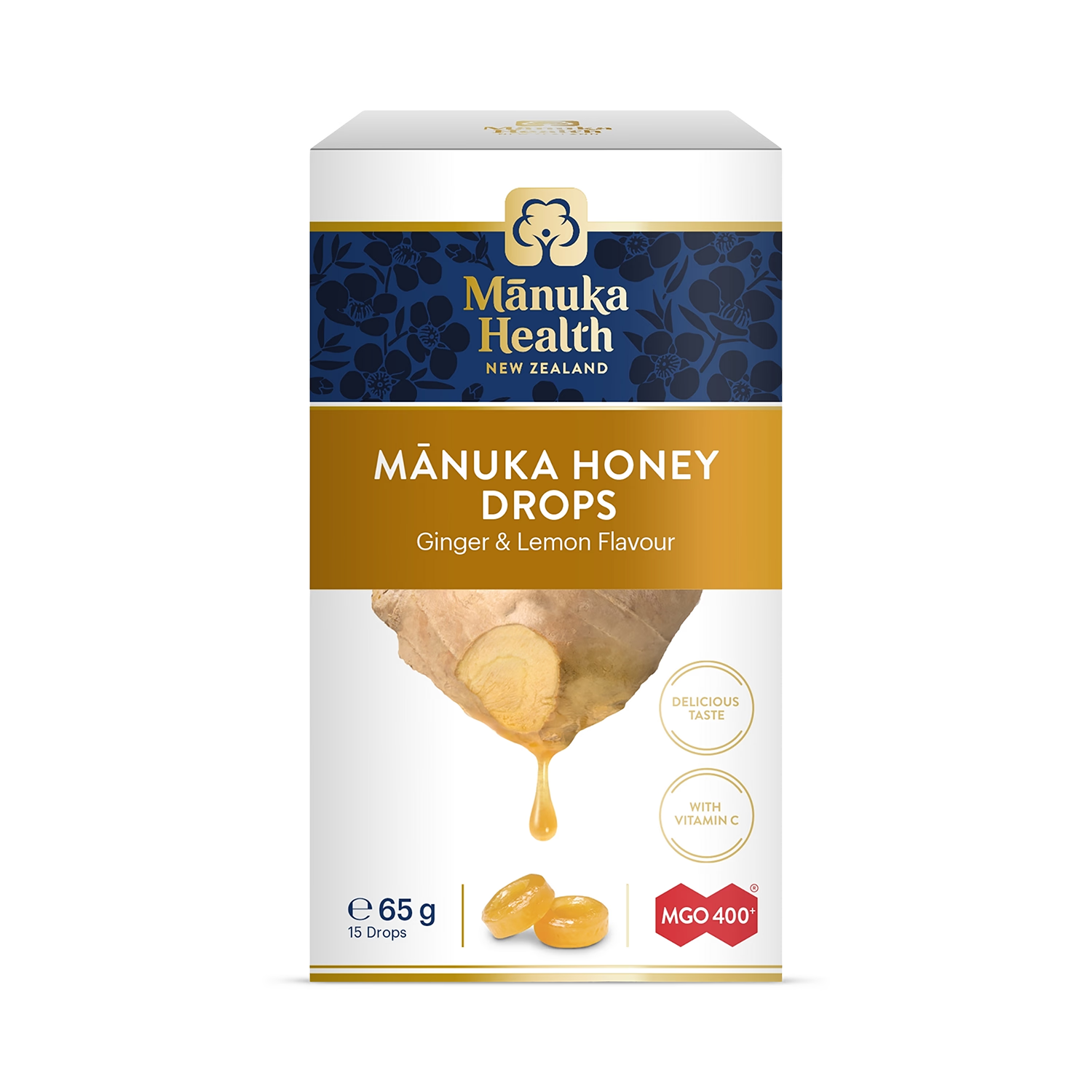 Manuka Health MGO 400+ honey drops ginger lemon 65g, UK version