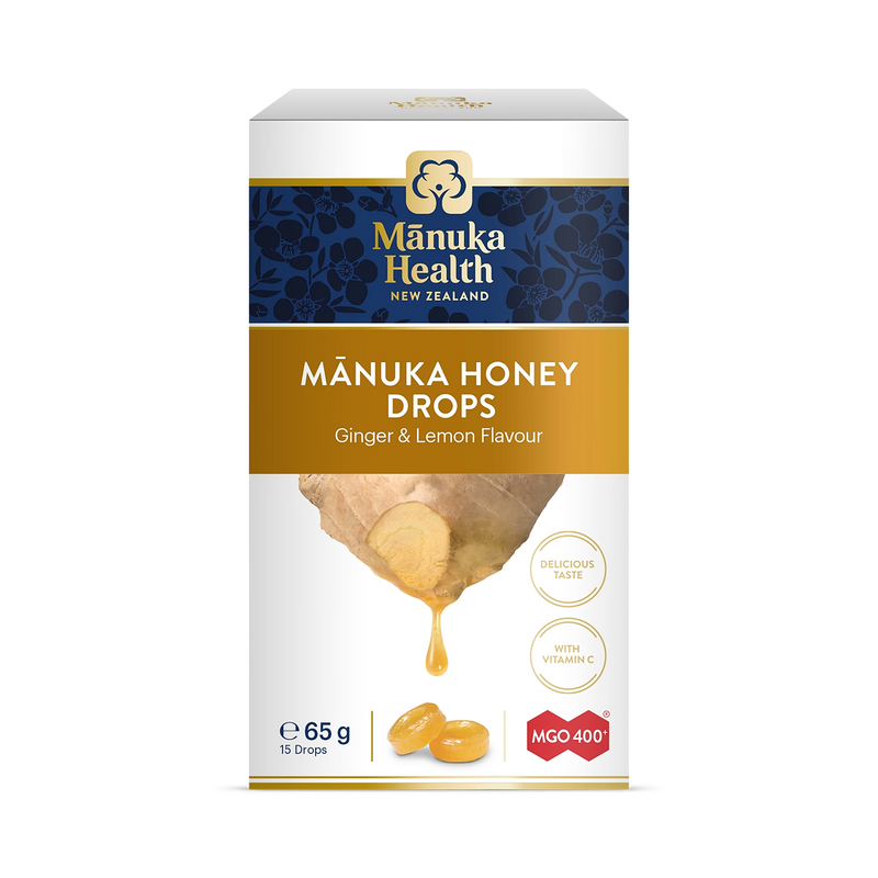 Manuka Health MGO 400+ honey drops ginger lemon 65g, UK version