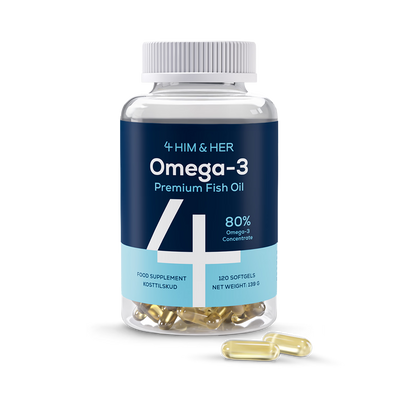 Holland & Barrett 4HIM & HER Omega-3 Premium Fish Oil 80% Concentrate High Strength EPA & DHA Fish Oil Supplement 120 Softgels- Buy online at McGrocer