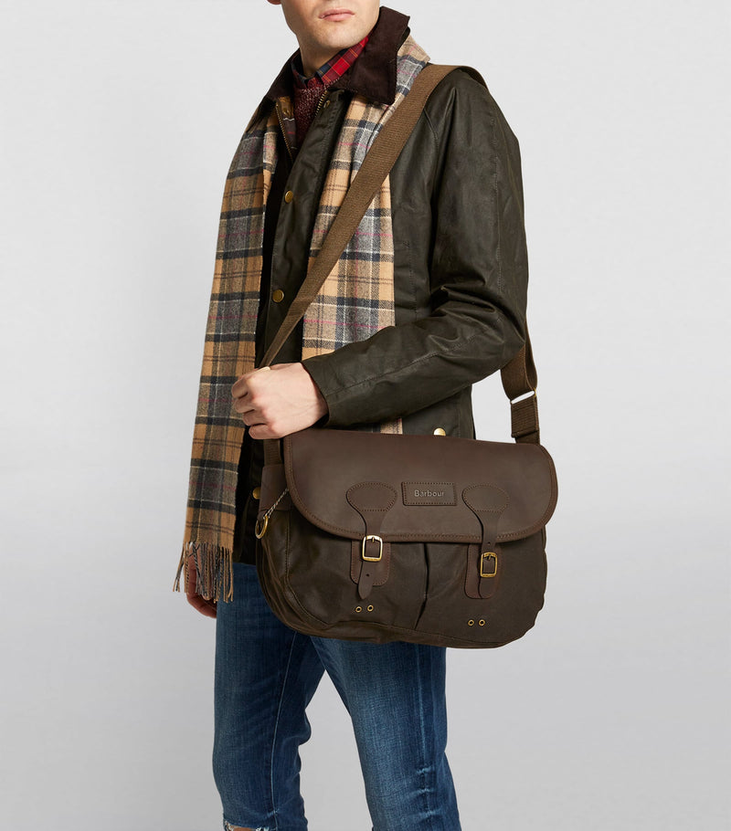 Barbour waxed Tarras messenger bag with leather trim, imported from the UK