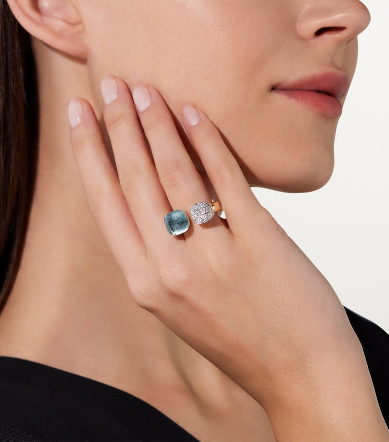 Pomellato mixed gold diamond topaz Nudo ring, imported from the UK