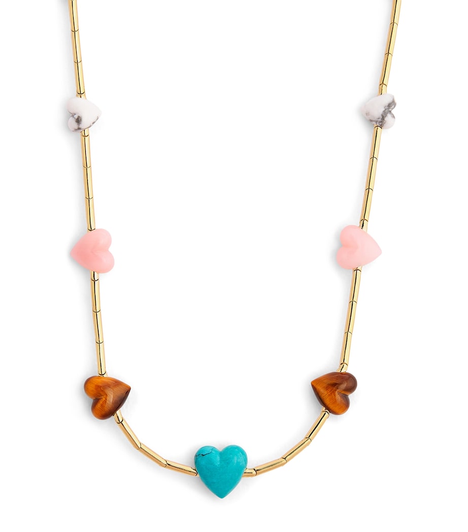 Emily P. Wheeler yellow gold necklace with gemstone hearts, imported from the UK