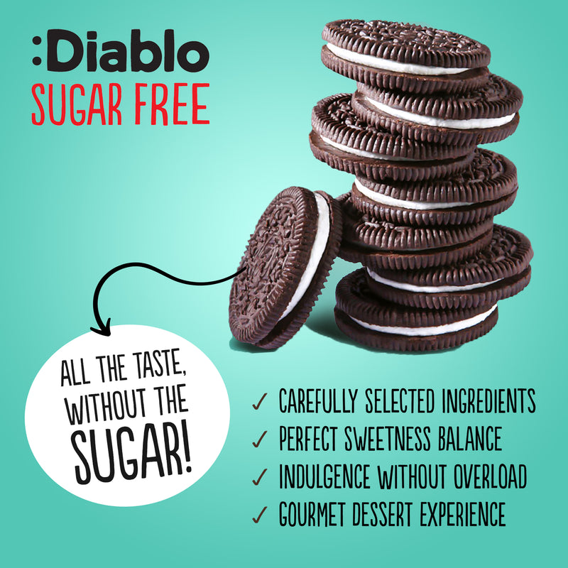 Diablo sugar-free extra dark cocoa vanilla cream cookies, imported from the UK
