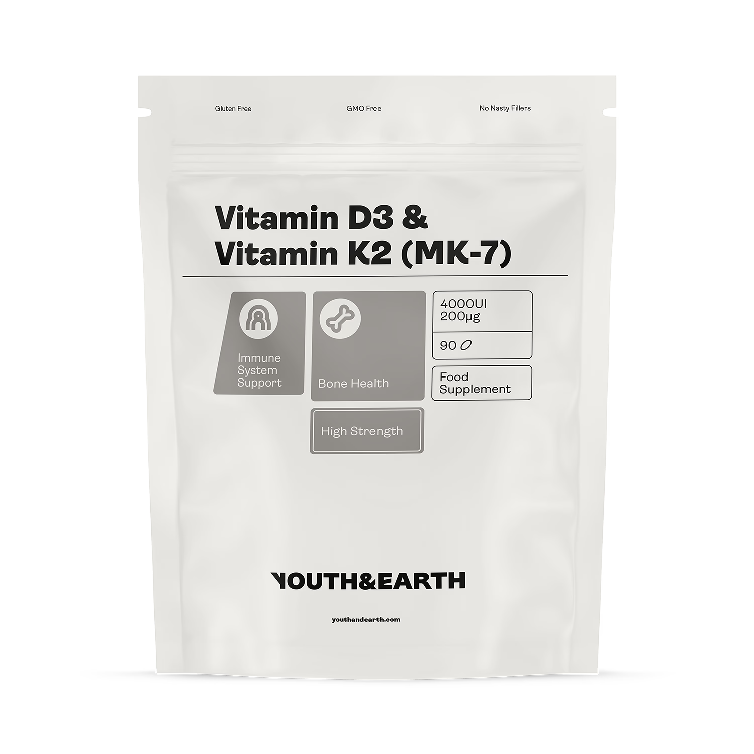 Youth and Earth Vitamin D3 K2 supplement 4000IU 200mcg 90 softgels (British brand)