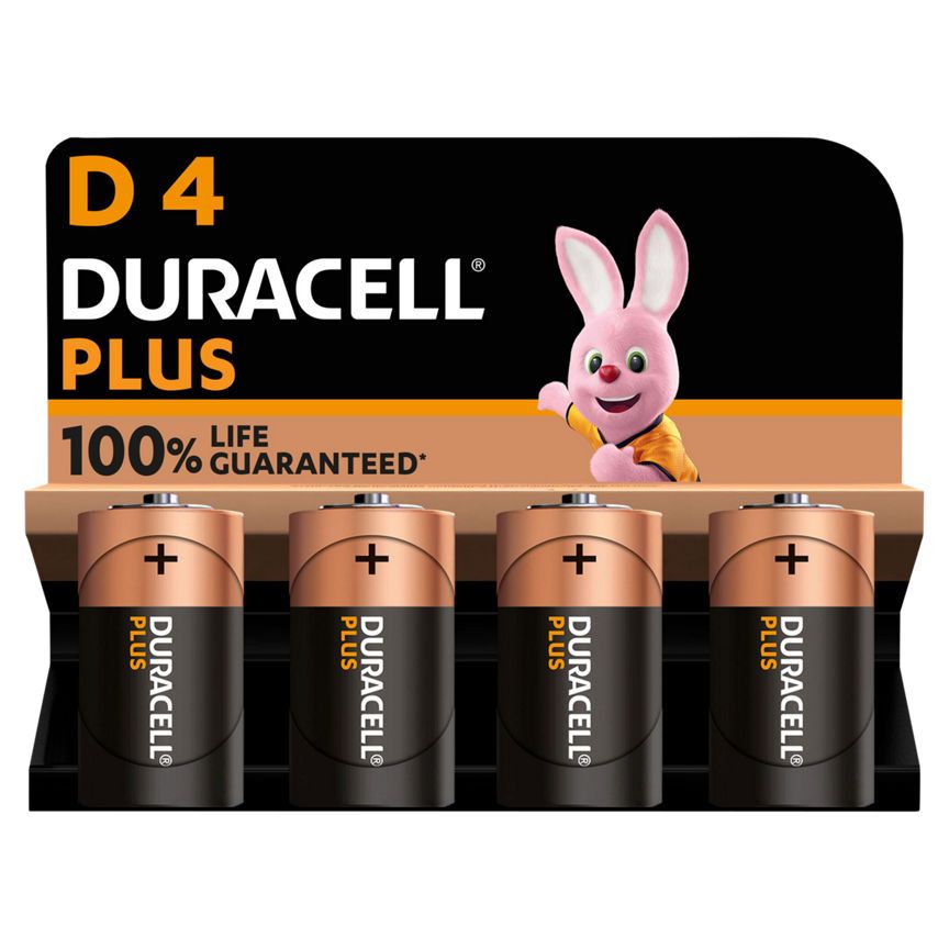 Duracell Plus Alkaline D Batteries, pack of 4 General Household ASDA   