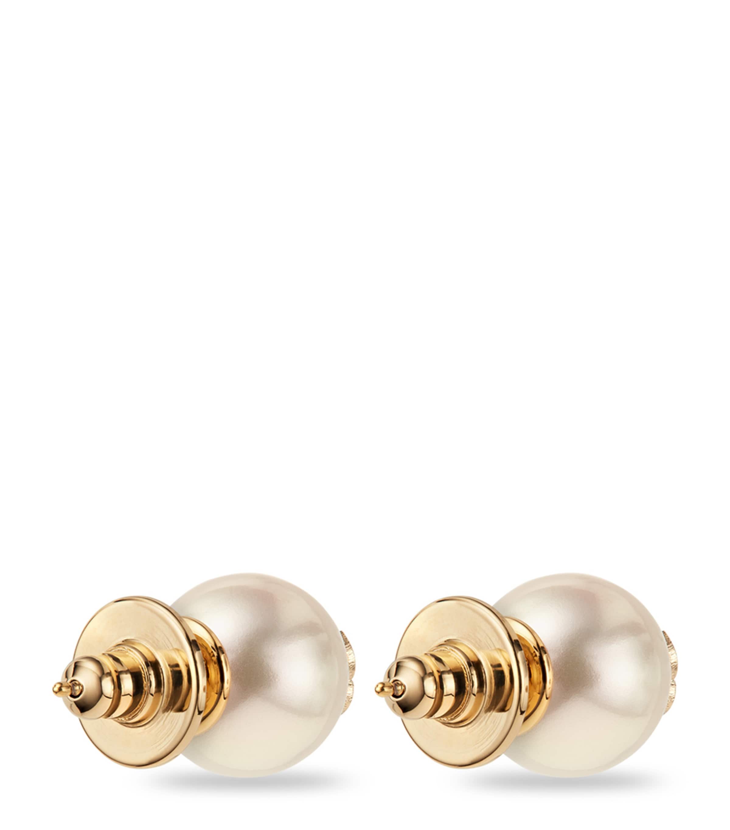 Jimmy Choo stud earrings with faux pearls and gold-tone JC logo (British brand)