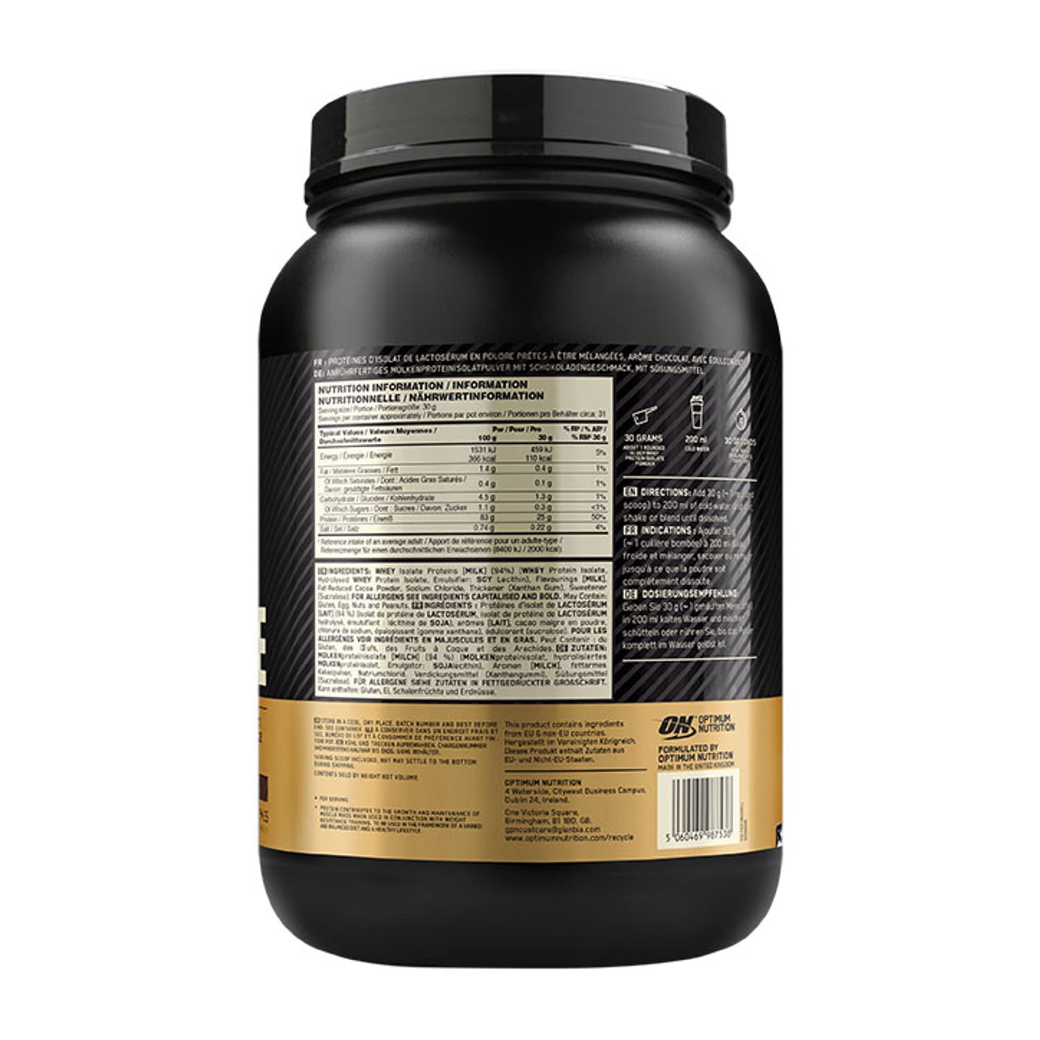 Optimum Nutrition whey protein isolate chocolate flavour 930g, imported from the UK