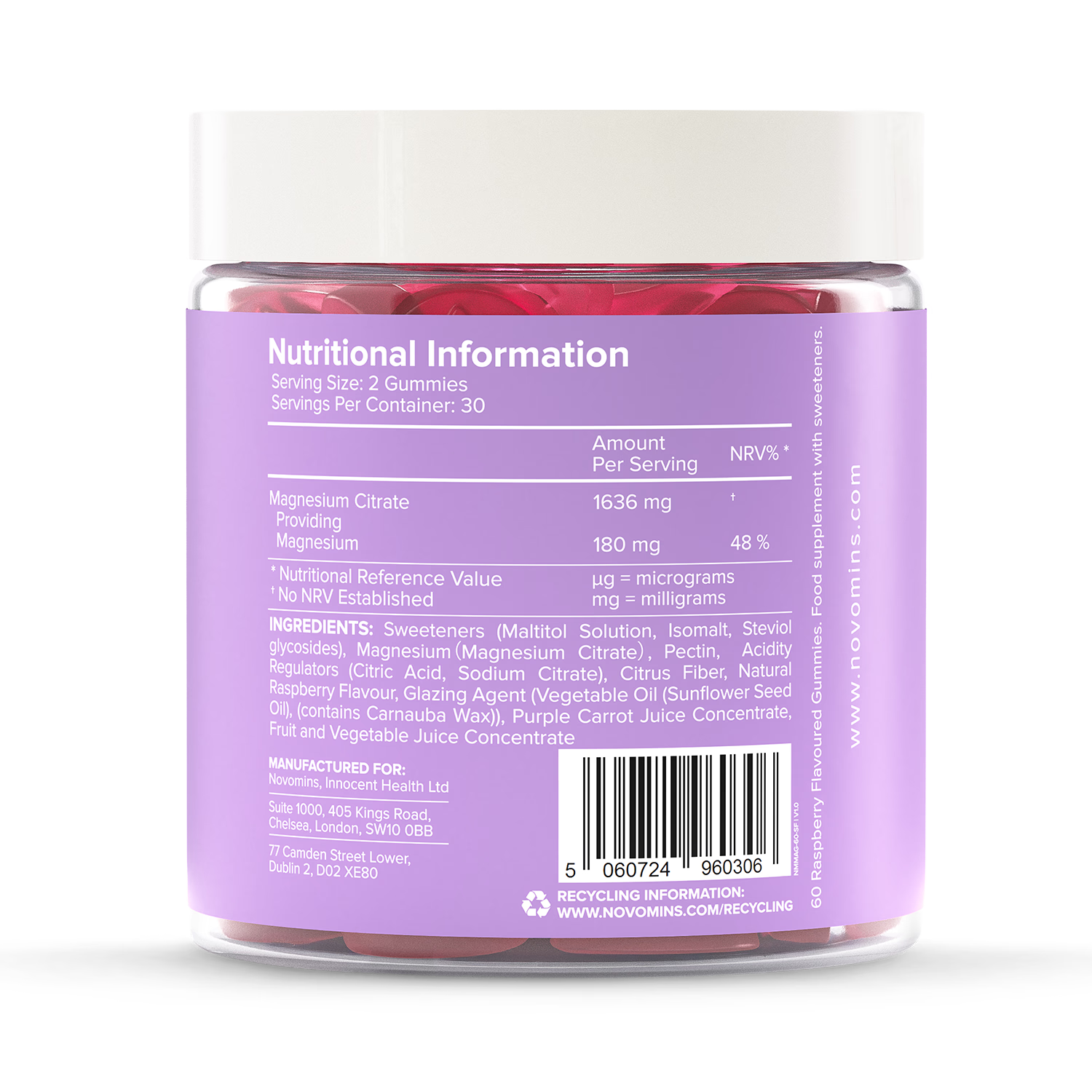 Novomins Magnesium gummies raspberry flavoured 60 pack (British brand)