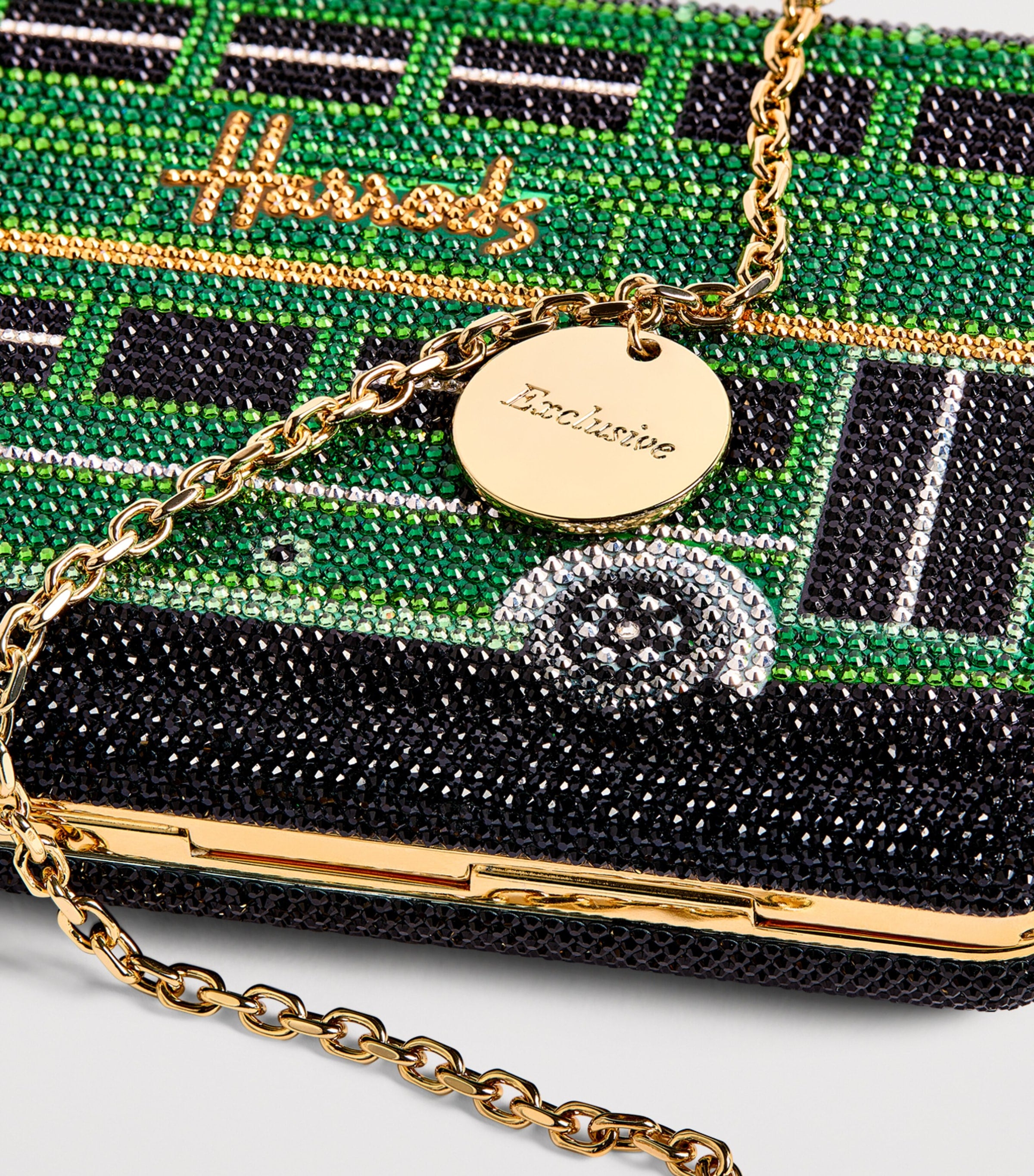 Judith Leiber Slim Slide clutch bag with crystals, imported from the UK