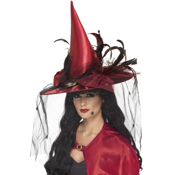 Smiffys deluxe witch hat deep red with net and feathers - British product