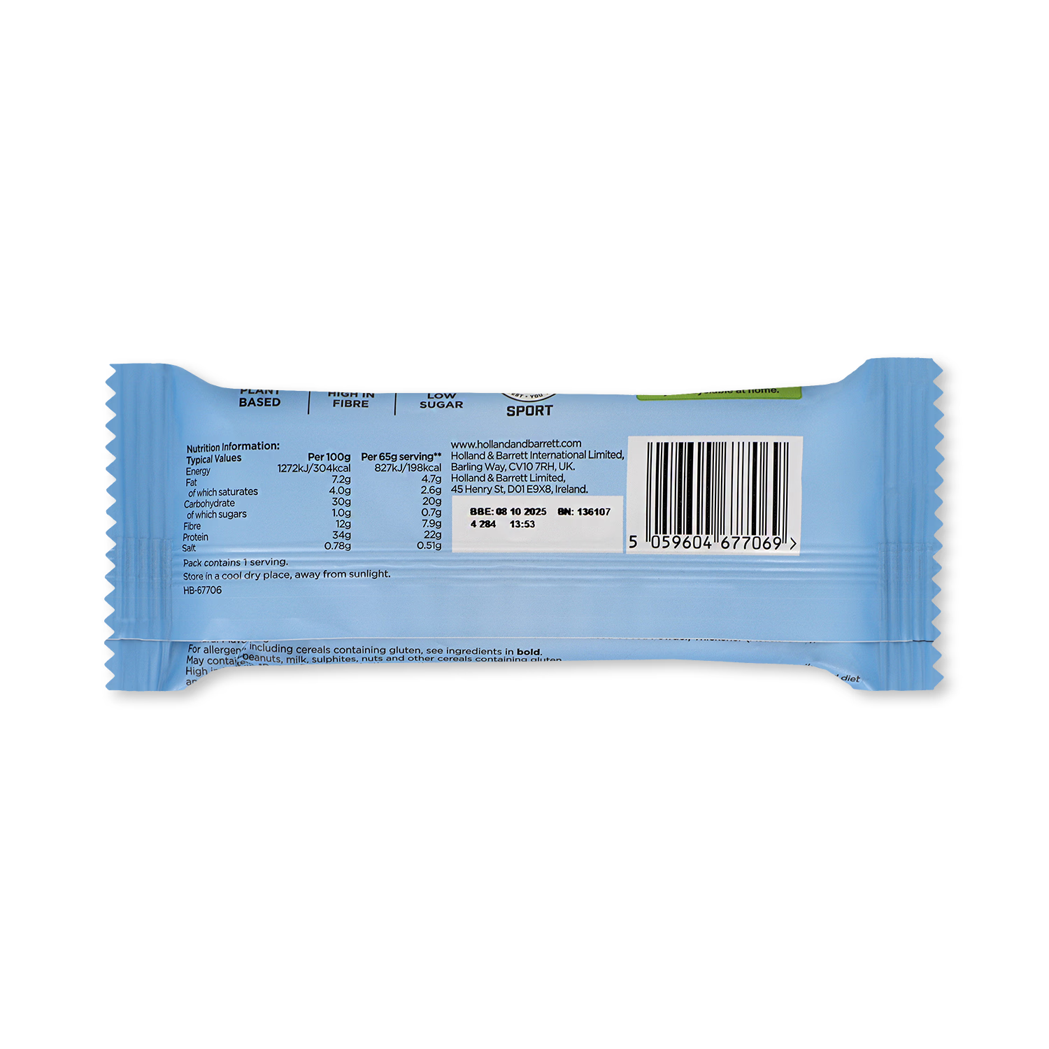 Plant protein bar dark chocolate sea salt 65g (British brand)