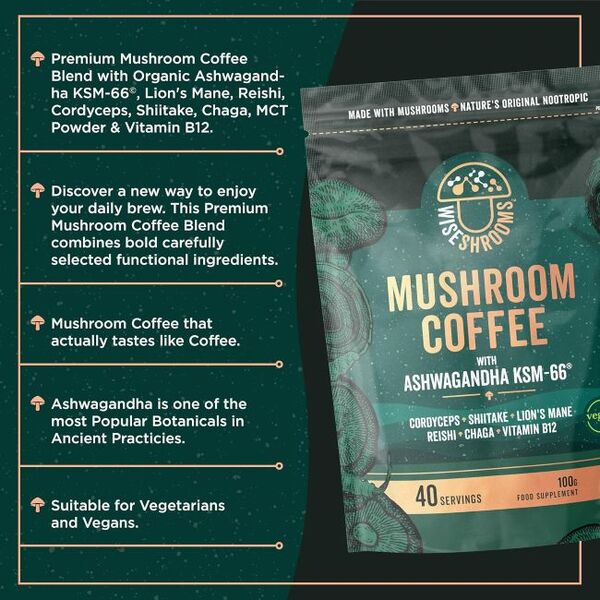 Wiseshrooms Mushroom Coffee vegan powder 100g (British brand)
