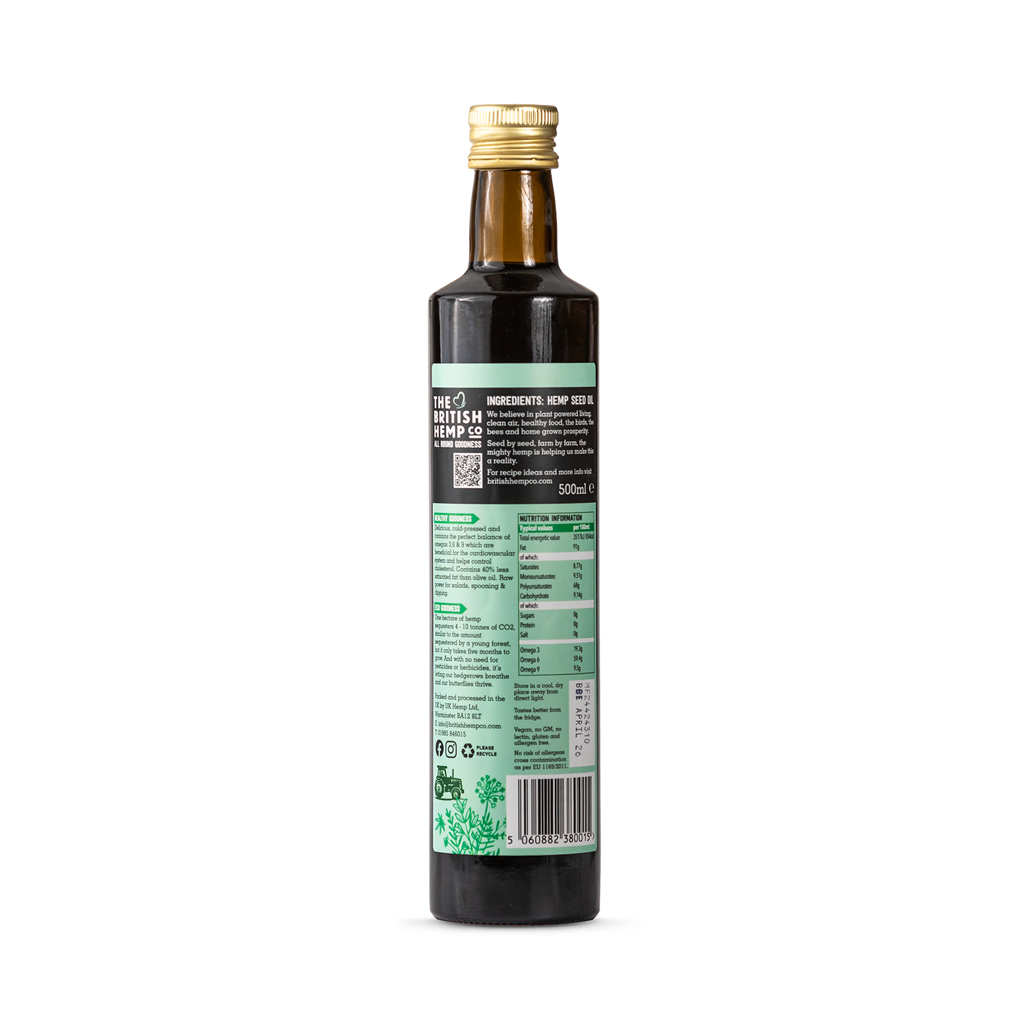 The British Hemp Co cold pressed hemp seed oil 500ml, UK version