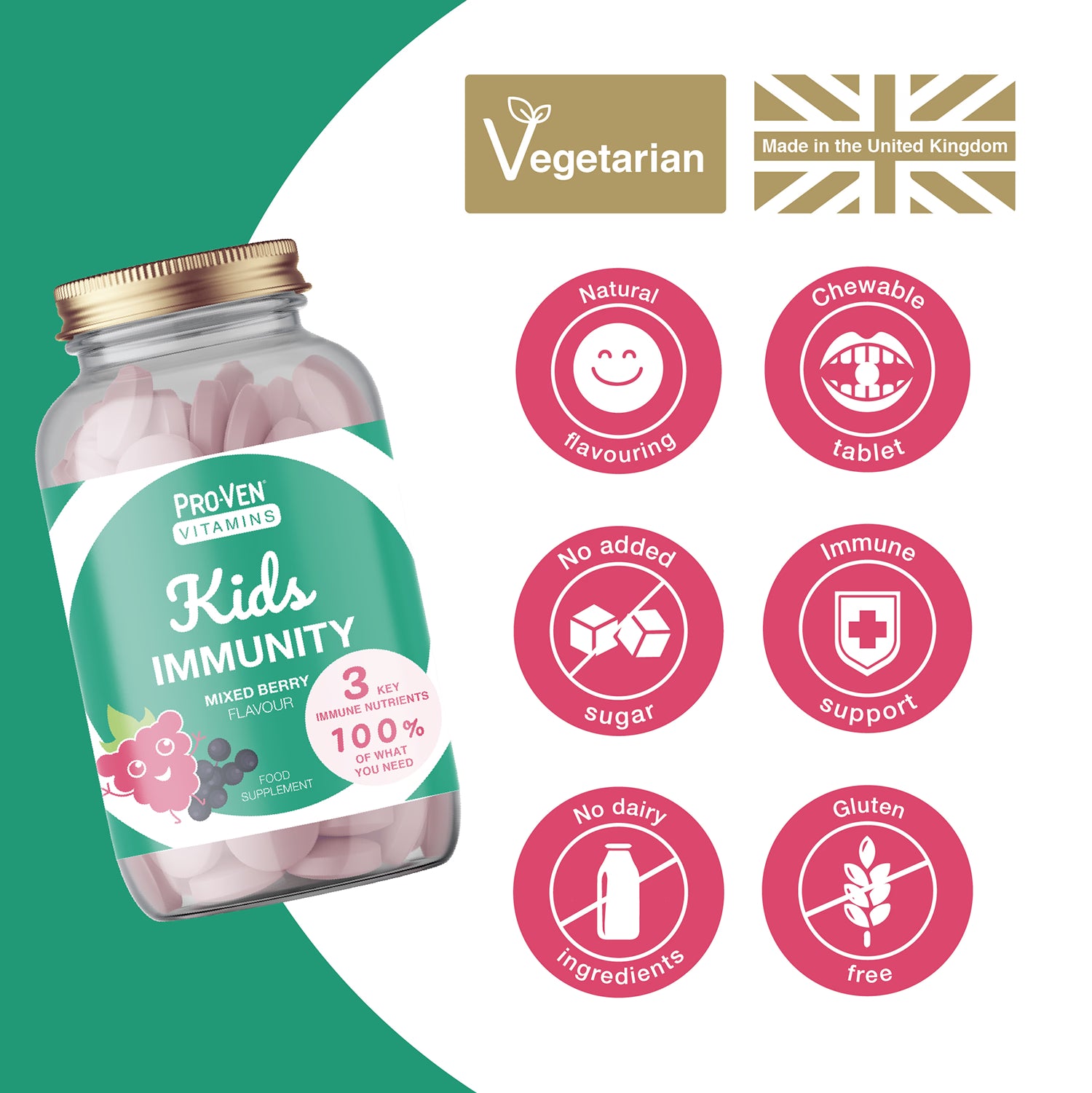 Pro-Ven Kids Immunity berry chewable tablets 60, imported from the UK