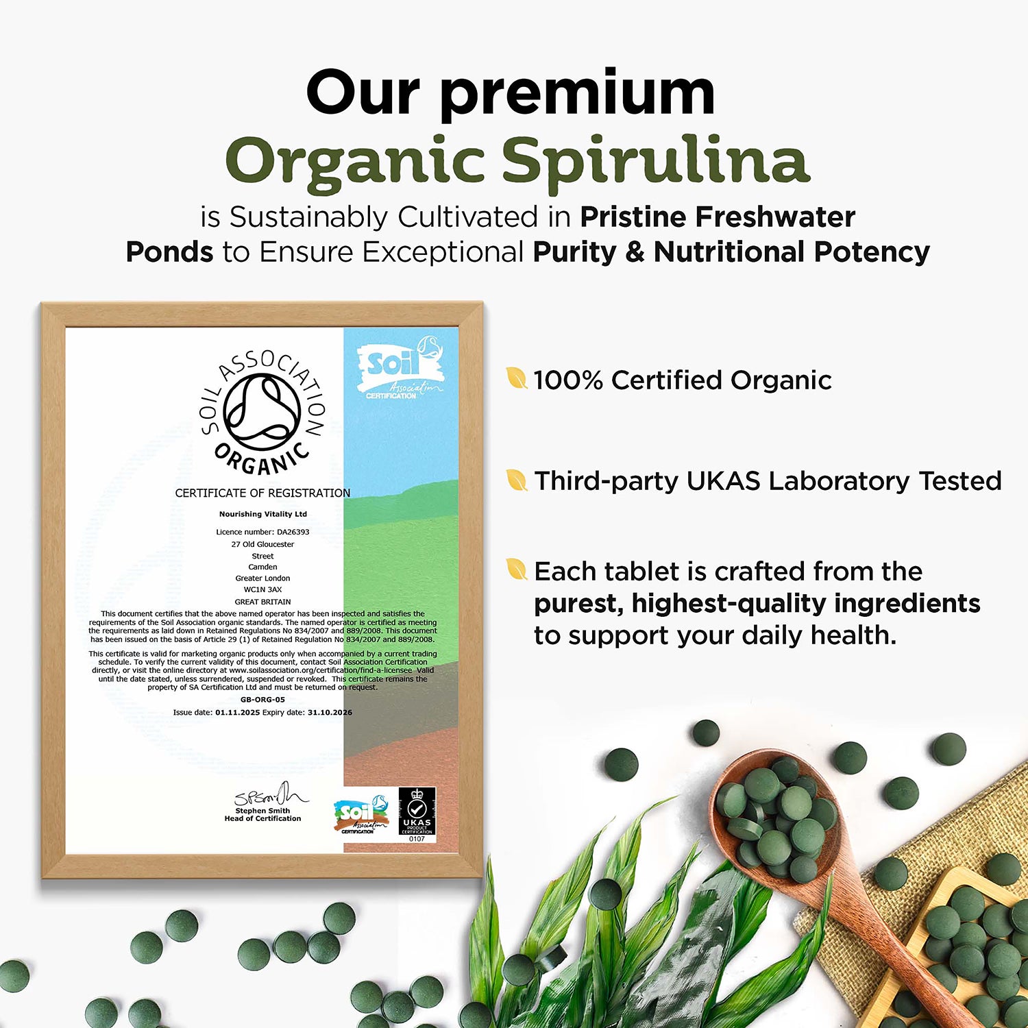 Inner Vitality organic spirulina tablets 500 count, imported from the UK