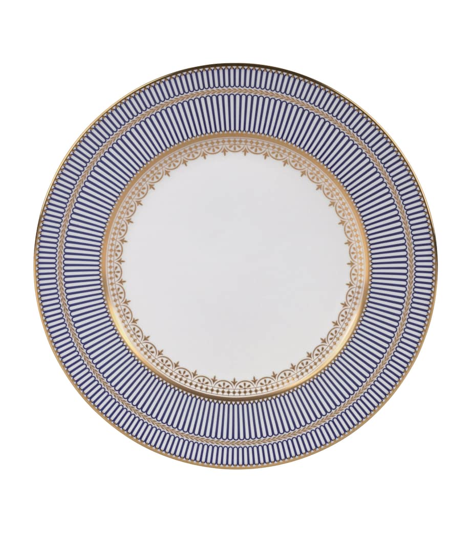 Bone China Blue Dinner Plate with Art-Deco Border and Gold Banding, 27cm