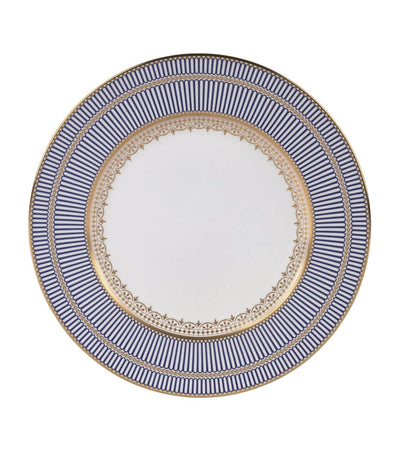 Bone China Blue Dinner Plate with Art-Deco Border and Gold Banding, 27cm